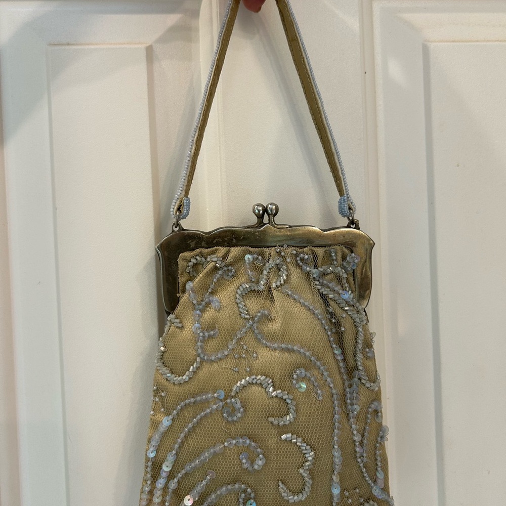Saks Fifth Avenue Sequin and Beaded Evening Purse with attached mirror, clip top - Picture 2 of 14